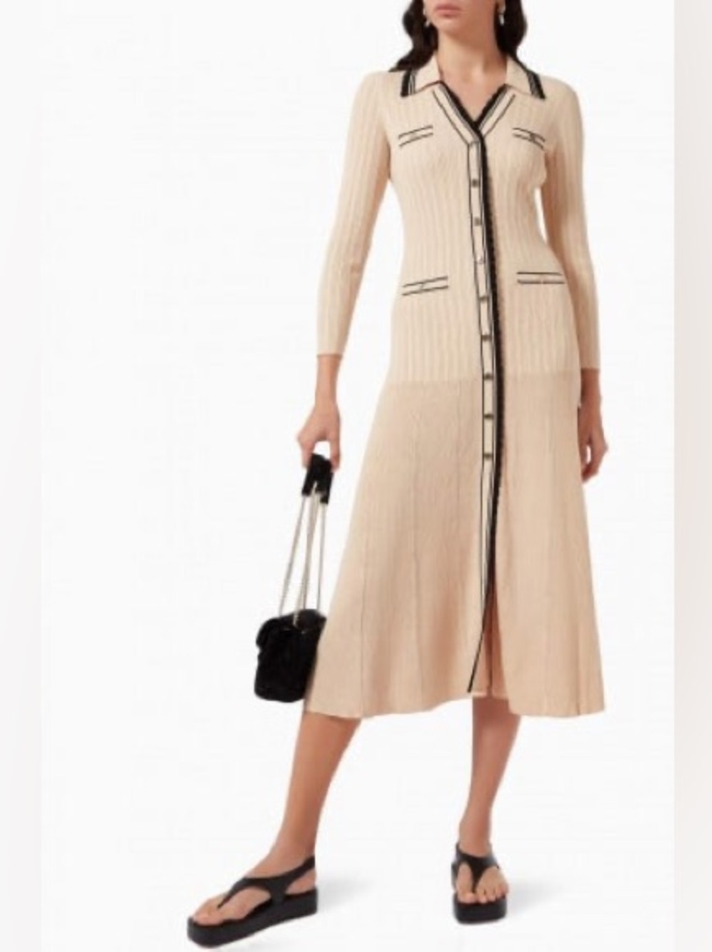 Sandro Alexandrine ribbed knitted button-front midi dress in beige - Picture 3 of 11